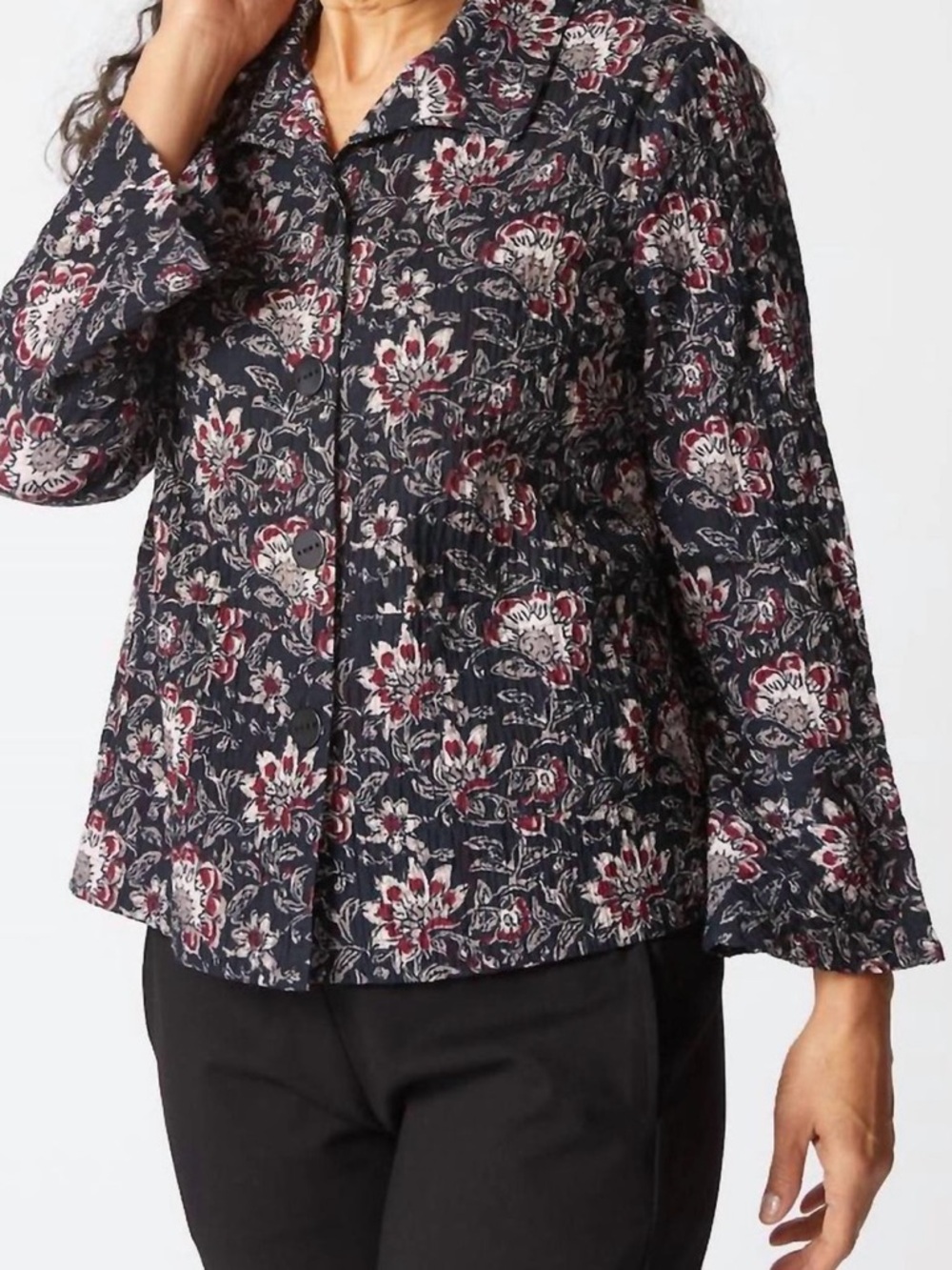 Habitat Floral Block Print Flounce Jacket M Black Crinkle Cotton Style 48745 - Picture 6 of 12